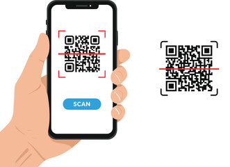 Hand holding smartphone with QR code on screen displaying mobile digital technology concept