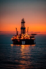 Obraz premium An oil rig stands tall amidst the calm waters as the sun sets, casting vibrant hues of orange and blue across the sky. Reflections shimmer on the surface of the sea
