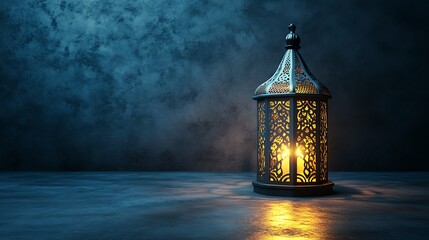 Fototapeta premium Ornate lantern glowing softly on dark surface