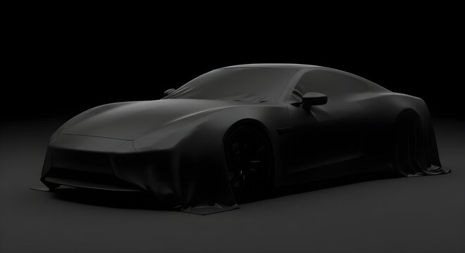 Mystery Car Concept JPG– Covered Sports Car Under Black Cloth – Isolated on Transparent Background PNG for Auto Reveal & Promotional Design

