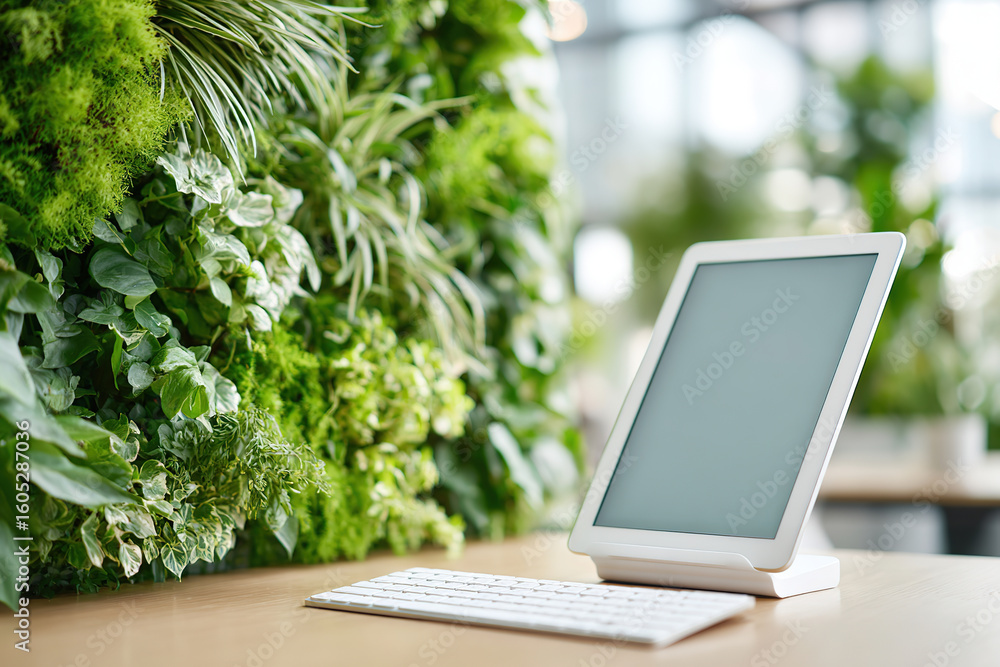 Poster modern desktop setup with wireless keyboard in a green indoor environment for productivity