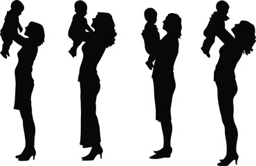 Silhouettes set Collection of mom and dad holding their children. Family walking and playing together with kids vector silhouette. mother, baby, children, holding, silhouette, tender, lifting, caring