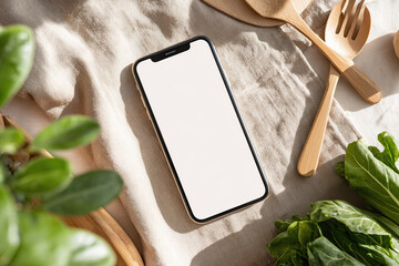 Clean mockup of a smartphone with blank screen on a kitchen table surrounded by fresh ingredients