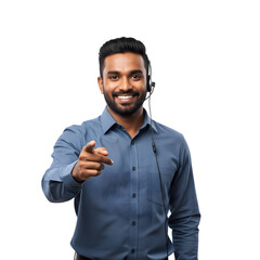 Fototapeta premium A Motivational Sri Lankan BPO Team Leader with a Headset Encouraging His Customer Service Team on isolated transparent background.