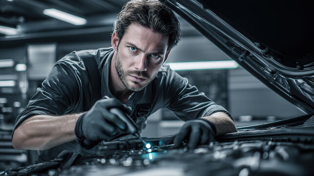 A skilled mechanic meticulously repairs a car engine in a well-lit garage setting.
