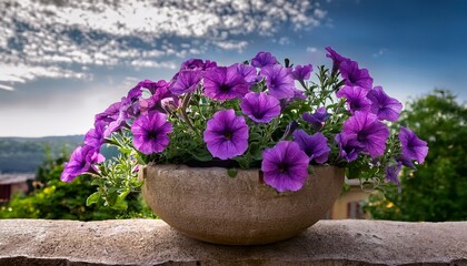 vibrant purple petunias in a stone planter