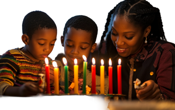Family lighting the seven candles of the Kinara to celebrate the traditions of Kwanzaa isolated on transparent background PNG