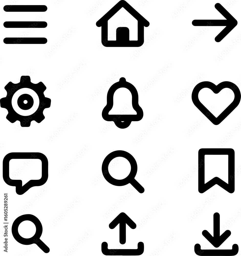 Poster a collection of simple minimalist black outline icons representing common user interface elements fo