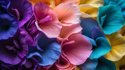 Vibrant close up of colorful flower petals in a rainbow of purple blue pink orange and yellow hues