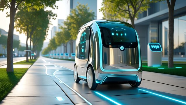 Futuristic Autonomous Vehicle Navigating Smart City Street,  Clean Energy, Sustainable Transportation.