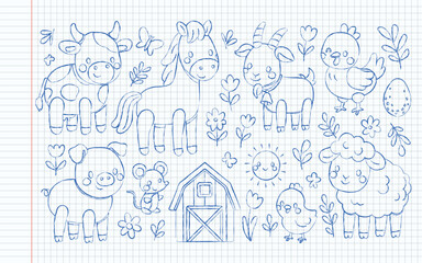 Farm animal doodles in sketch cartoon style with cow pig horse and chicken. Goat lamb and mouse play near the barn with grass and flower accents. Sunny and child-friendly notebook art.