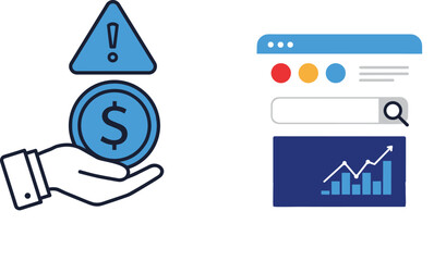 Financial risk alert concept, money with warning sign, online finance, caution about investment, digital analysis, web search icon, economic data tracking symbol