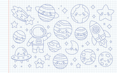 Space doodles include planet, astronaut, rocket, star and moon in notebook sketch. Satellite meteor and comet swirl across galaxy and orbit paths. Cute cartoon cosmic illustrations for kids.