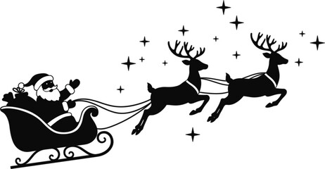 Santa sleigh silhouette vector, waving Claus in gift-filled sleigh pulled by two reindeer with stars, black Christmas graphic on white background, isolated festive artwork for stock