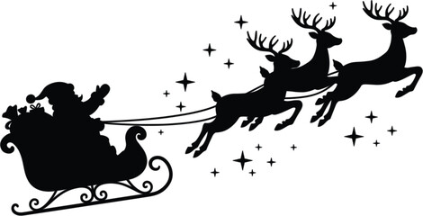 Santa sleigh silhouette vector, Christmas illustration of reindeer pulling sleigh with gifts and stars, black festive graphic on white background, isolated holiday artwork for stock © Olaja Vector Vision