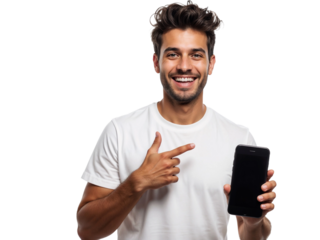 Young man smiling while pointing at smartphone with blank screen isolated on transparent background