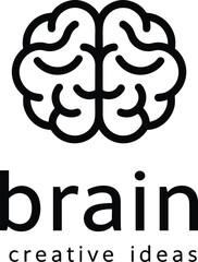 Brain logo vector with “brain” and “creative ideas” text, black stylized brain illustration on white background, isolated intellectual concept artwork for stock use