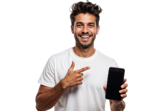 Young man smiling while pointing at smartphone with blank screen isolated on transparent background