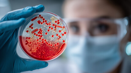 Clinical Researcher Examining Vibrant Bacterial Colonies on Blood Agar to Track Emerging Pathogens and Antimicrobial Resistance. 