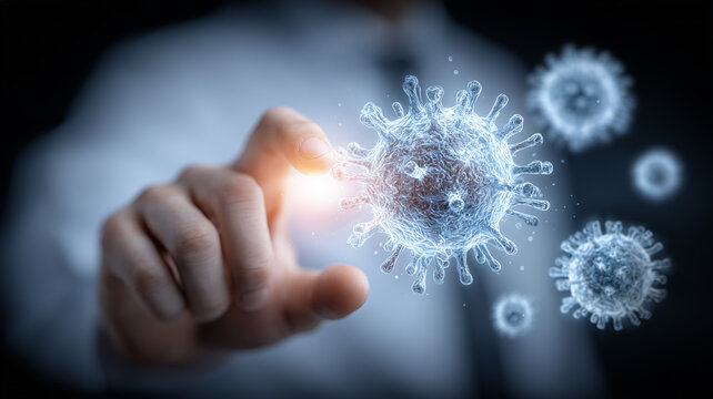 Corporate Biodefence Strategy Visualised as a Business Leader Touching a Holographic Virus Model in Mid Air. Communicates proactive infection control and data driven health security