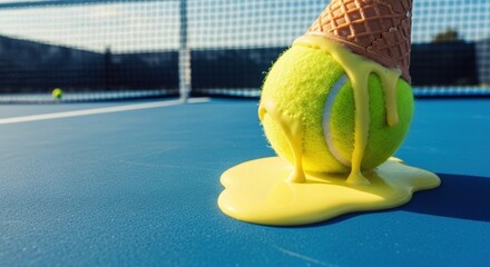 A tennis ball with an ice cream cone on top melts into a yellow puddle on a blue tennis court, humorously symbolizing summer heat, sports break, and abstract art.