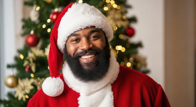 A joyful African American man with a full beard, dressed as Santa Claus, smiles warmly in front of a festive Christmas tree, symbolizing holiday cheer, diverse representation, and seasonal spirit.