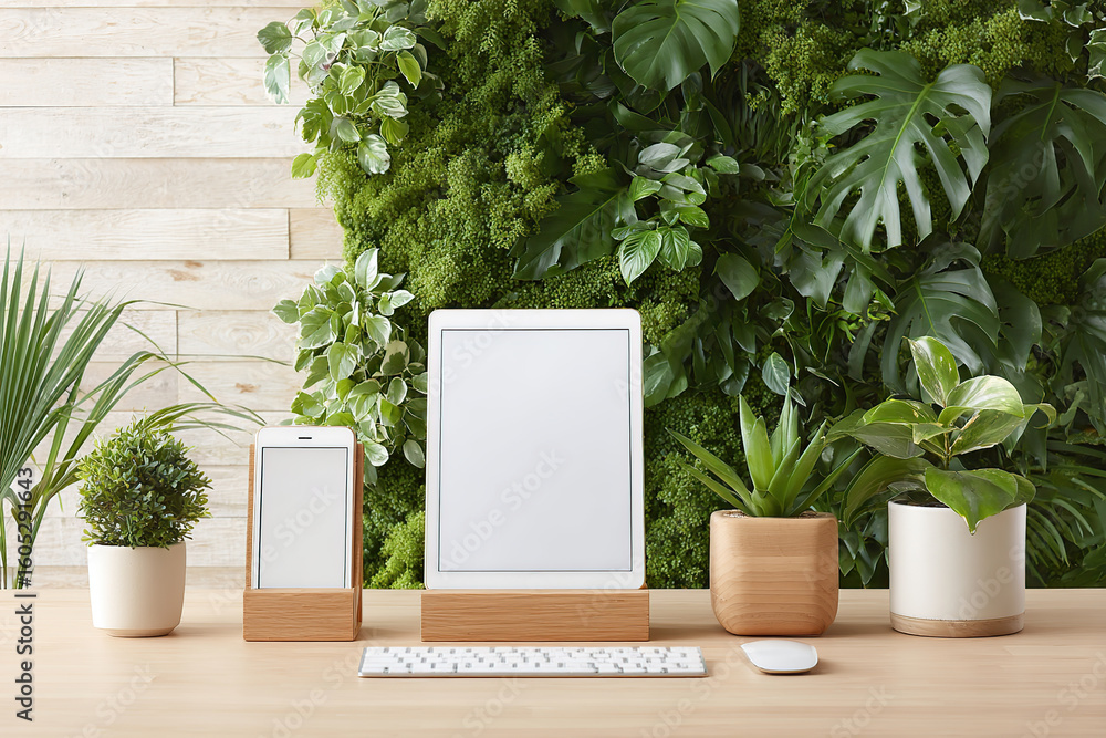Poster modern wireless desktop setup featuring greenery for a productive and stylish workspace