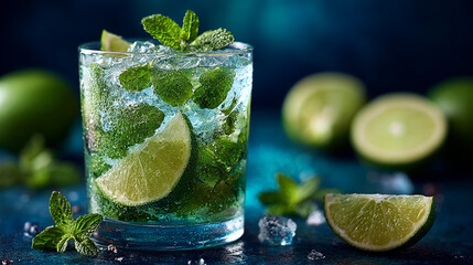 Fototapeta premium Refreshing mint lime drink garnished with fresh mint leaves and lime slices