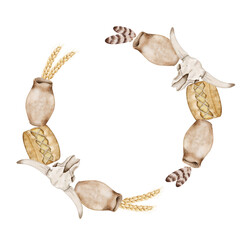 Watercolor wreath with tribal elements including cow skulls, feathers, drums and clay pots. White background. Great for labels, cards, logos or decor, indigenous peoples day