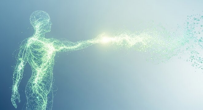A glowing green outline of a human body emits vibrant energy particles from its outstretched hand, symbolizing digital health, healing energy, biotechnology, human potential, and scientific advancemen