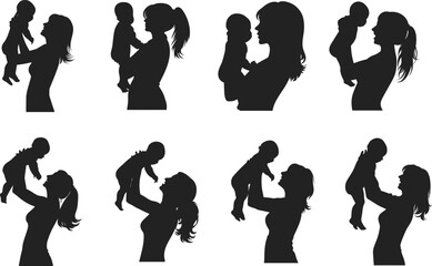 Silhouettes set Collection of mom and dad holding their children. Family walking and playing together with kids vector silhouette. mother, baby, children, holding, silhouette, tender, lifting, caring