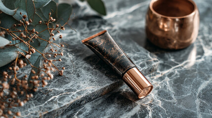 Luxurious skincare products arranged on a marble surface with greenery accents