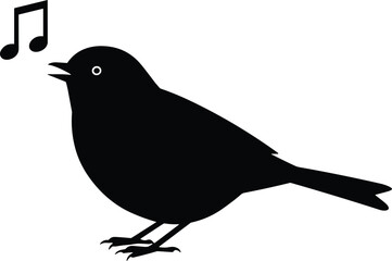 Singing bird silhouette vector, black graphic of open-beak bird with musical notes, isolated nature-themed artwork on white background for stock image use