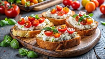 Bruschetta with Ricotta and Tomatoes &ndash; Toasted bread with creamy cheese &mdash; fresh Mediterranean flavors.
