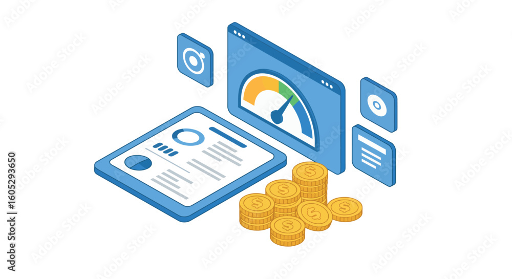 Poster isometric financial dashboard with coins and analytics elements