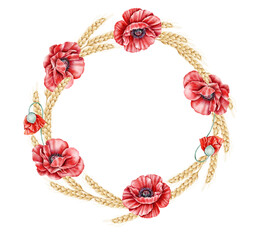 Watercolor wreath featuring red poppies and golden wheat on a white background. Perfect for wedding cards, invitations, packaging design, textiles, or seasonal prints with a rustic vibe.