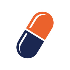 Healthcare Pill Symbol Vector. Clean graphic of an orange and blue pharmaceutical tablet. This emblem signifies health, well-being, and therapeutic remedies.