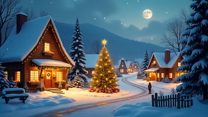 Serene winter night in festive village with snow-covered houses, bright Christmas tree, and a child staring in awe, glowing lights and snowflakes create cozy atmosphere