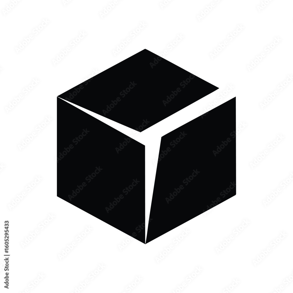 Aufkleber abstract black cube with white split. a striking dark geometric form features a precise bright y-sha