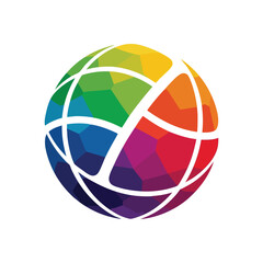 Vibrant Polygonal Globe Design. A dazzling spherical shape with interconnected colorful segments. Represents diversity, unity, and worldwide networks.