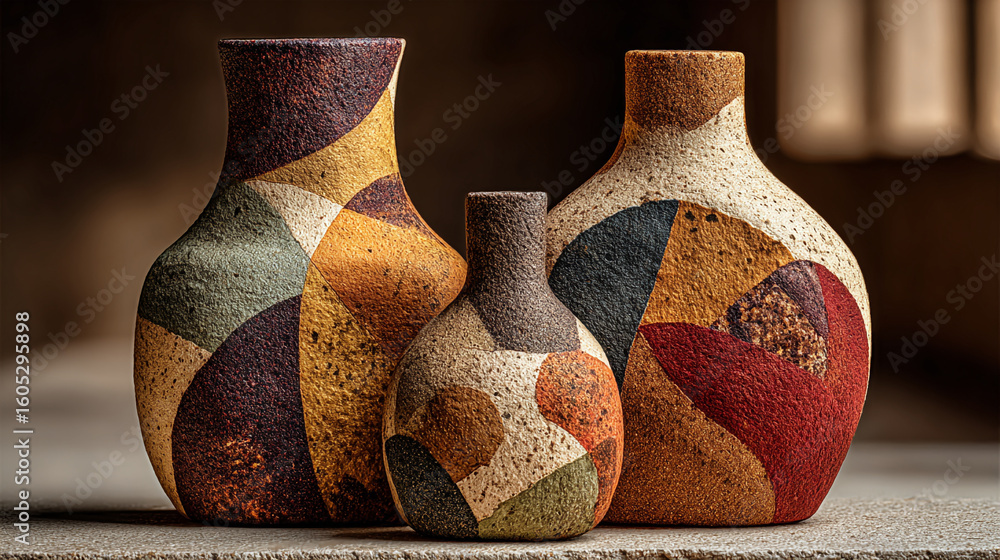 Poster artistic ceramic vases with colorful patterns displayed on a textured surface indoors