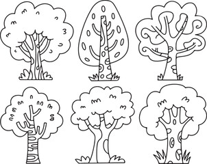 Hand Drawn Tree Set – Black and White Cartoon Tree Line Art Collection
