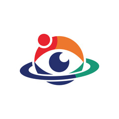 Global Human Vision Icon. Abstract emblem depicting a watchful eye encircled by colorful arcs, representing worldwide interconnectedness, societal observation, and protective insight.