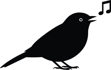 Singing bird silhouette vector, perched figure with open beak and musical note, black graphic on white background, isolated nature-themed artwork for stock image use