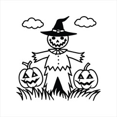 Pumpkin Field with Spooky Scarecrow Illustration