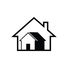 Nested Home Icon. Minimalist black and white graphic depicting a smaller dwelling inside a larger outline, symbolizing security, familial warmth, and the essence of property.