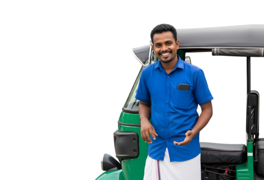 A Friendly Sri Lankan Tuk-Tuk Driver Leaning Against His Vehicle and Inviting a Passenger on isolated transparent background.