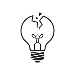 Shattered Idea Icon. This damaged lightbulb graphic on white signifies a breakdown, failed concept, or innovation challenge. It represents creative blocks, project setbacks, or unlit potential.
