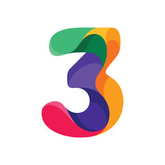 Vibrant Colorful Number Three. Abstract artistic rendering of the digit 3, composed of flowing, overlapping layers in bold, bright hues. Represents progression and innovation.