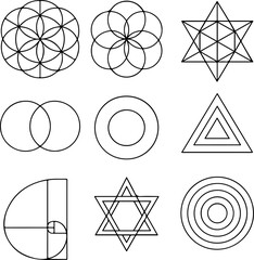 A grid of nine sacred geometry symbols including the flower of life metatron s cube and the golden ratio spiral